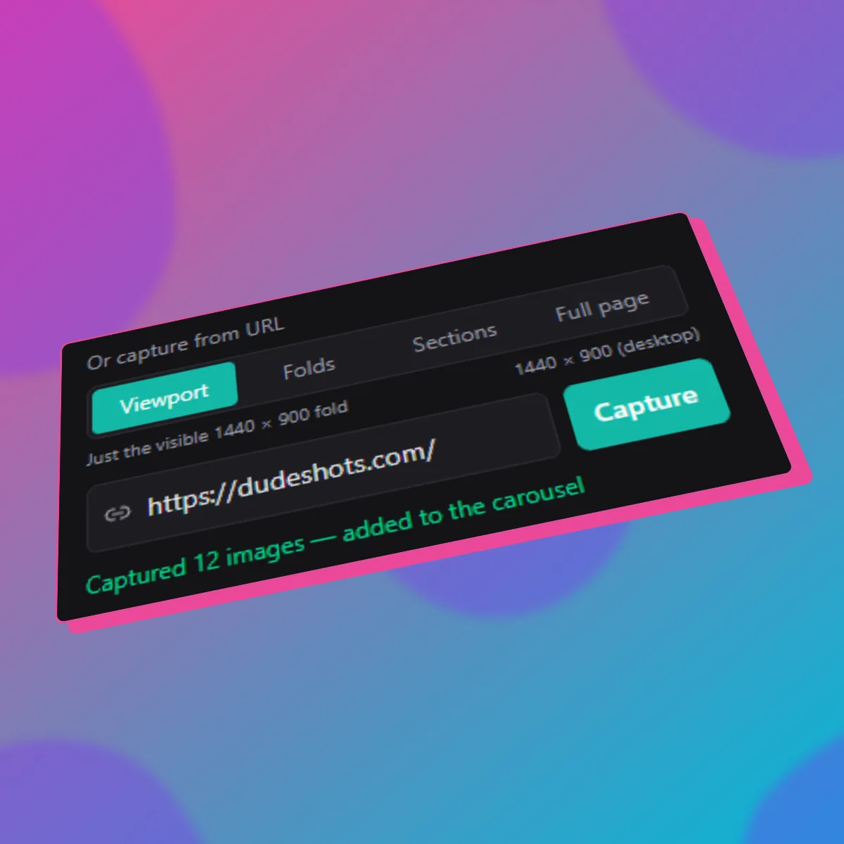 The DudeShots capture-from-URL panel showing Viewport, Folds, Sections and Full page capture modes