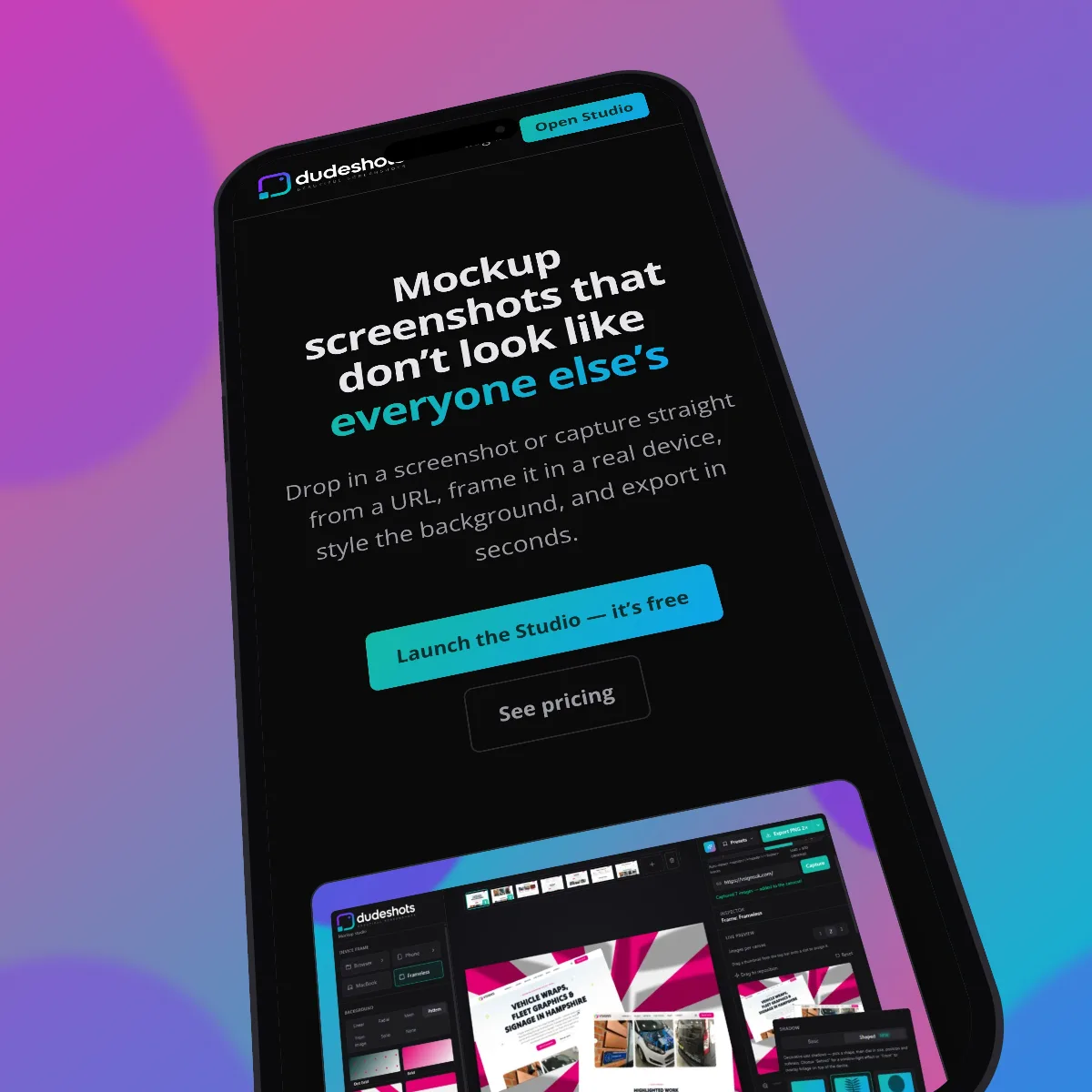 Website screenshot framed in a browser window mockup over a pink and blue gradient background in DudeShots