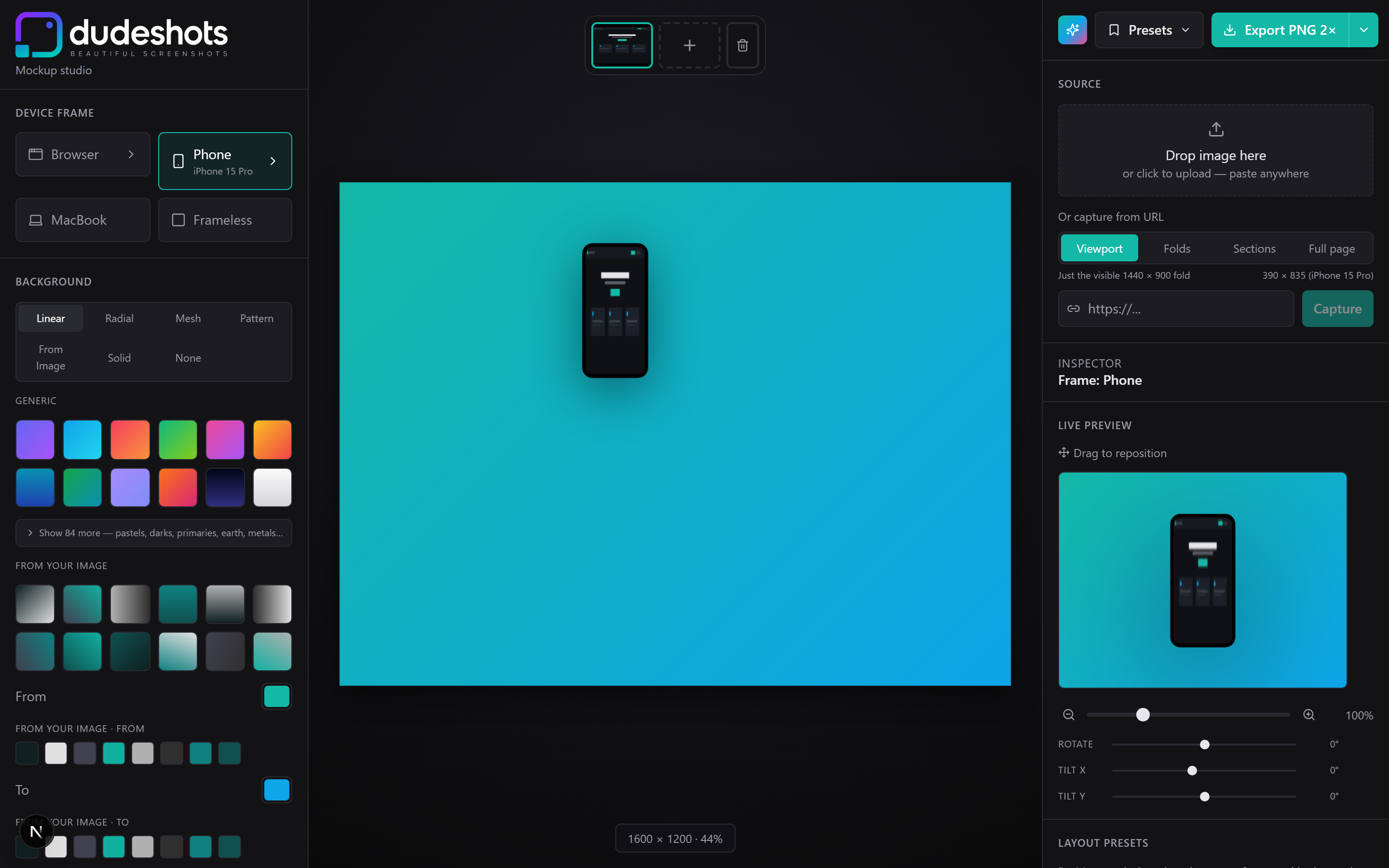 DudeShots editor with a screenshot framed in an iPhone mockup