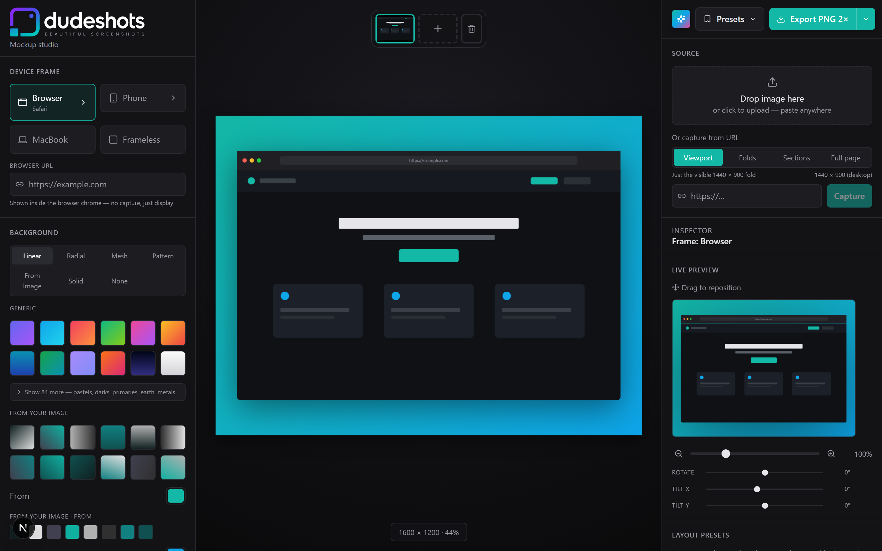 DudeShots background panel showing gradient presets
