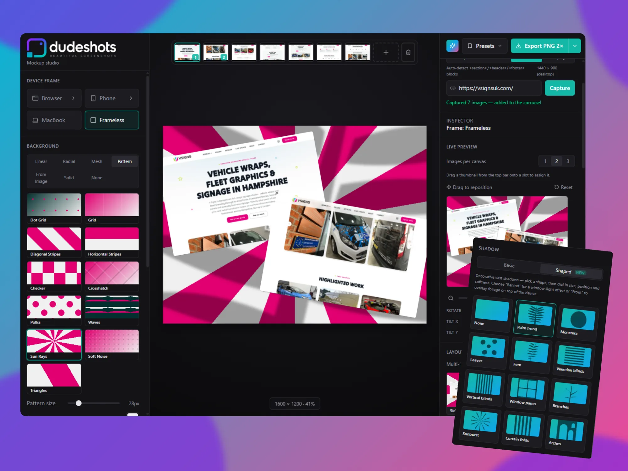 The DudeShots studio: two website screenshots tilted over a pink sunray pattern, with the shaped-shadow picker floating in front