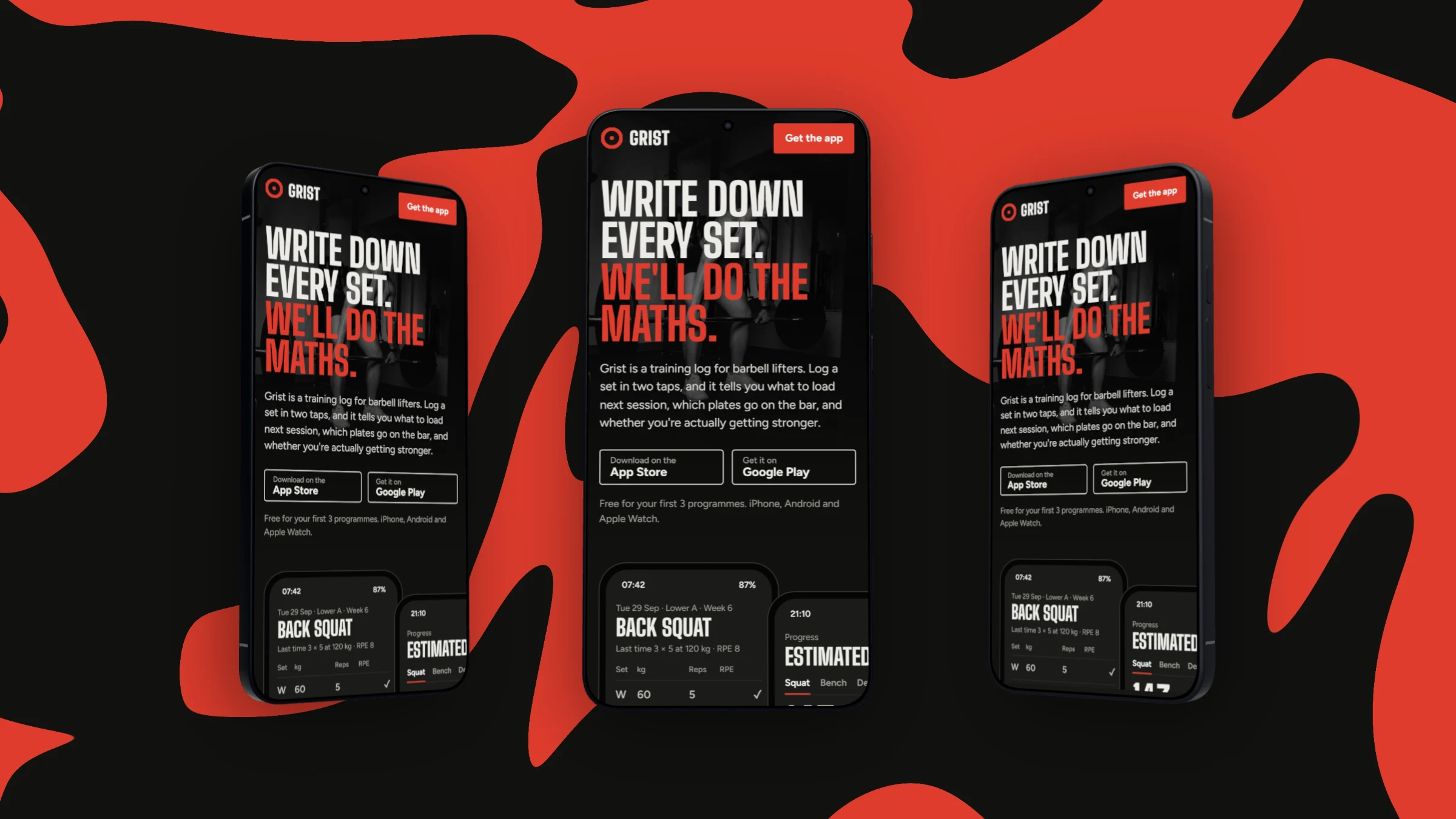 The Grist app on three 3D Android phones, a Galaxy S26, a Galaxy S26 Ultra and a Pixel 11, the outer two turned in, on a red and black poured backdrop