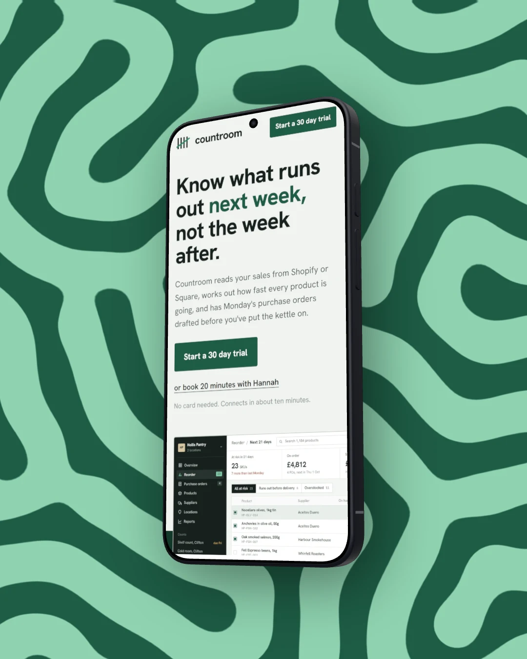 The Countroom app on a 3D Pixel 11 tilted to the left, on a dark green and mint maze pattern