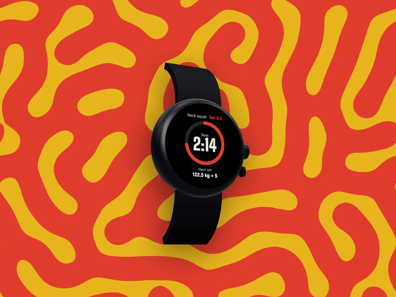 The Grist workout timer on the round face of a 3D Pixel Watch 5, on a red and yellow coral pattern