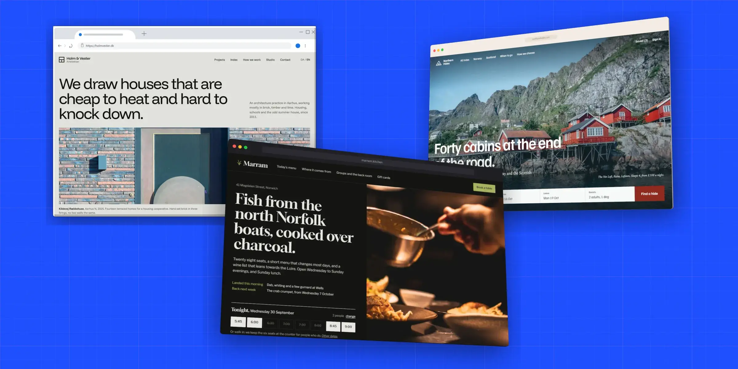 Three website screenshots in browser frames on a cobalt blueprint backdrop: an architecture site in a flat Chrome window, a cabin rental site in a 3D Arc window and a restaurant site in a 3D dark Safari window