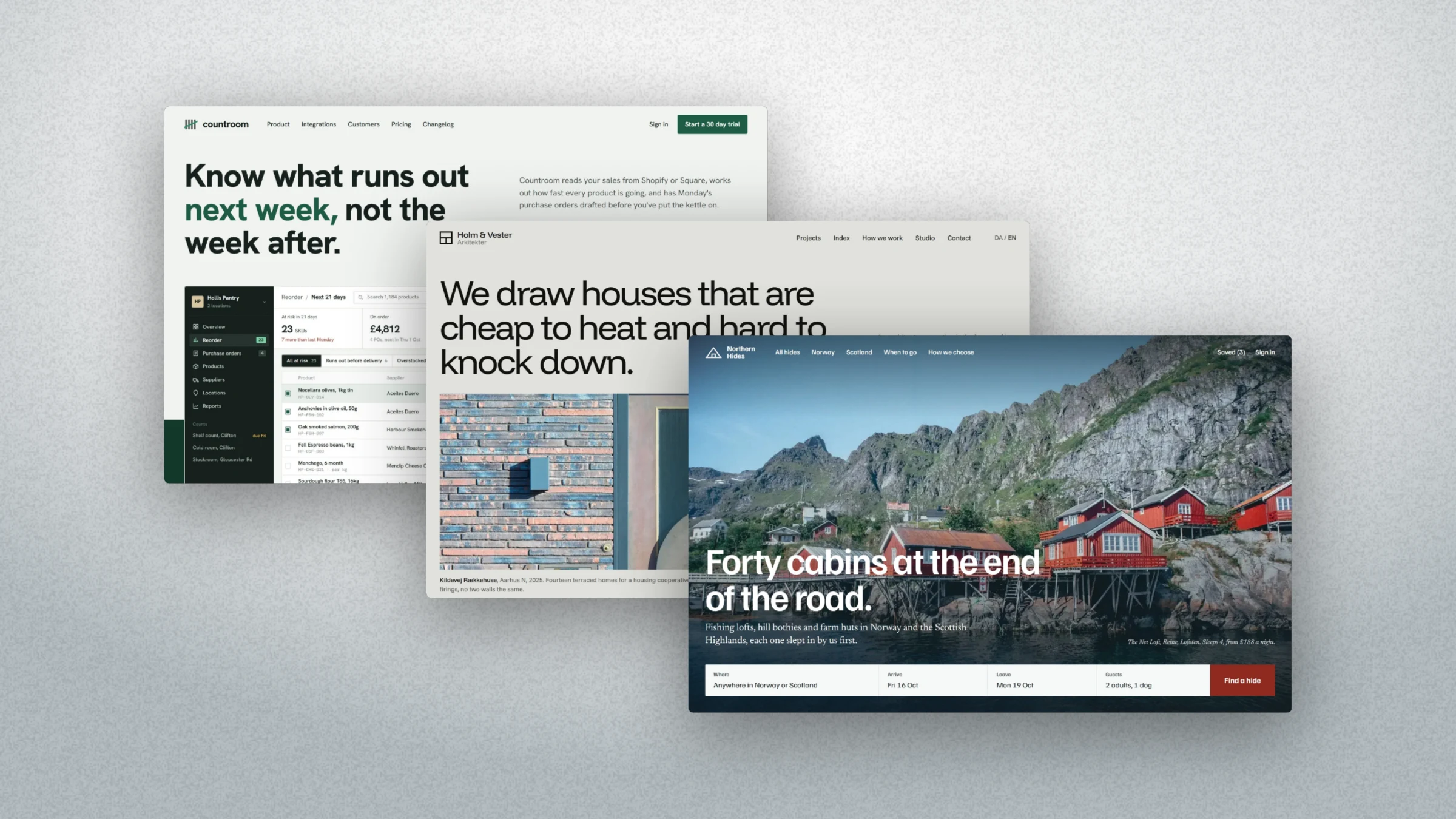 Three site homepages, Countroom, Holm & Vester and Northern Hides, overlapping in a cascade on pale grey paper
