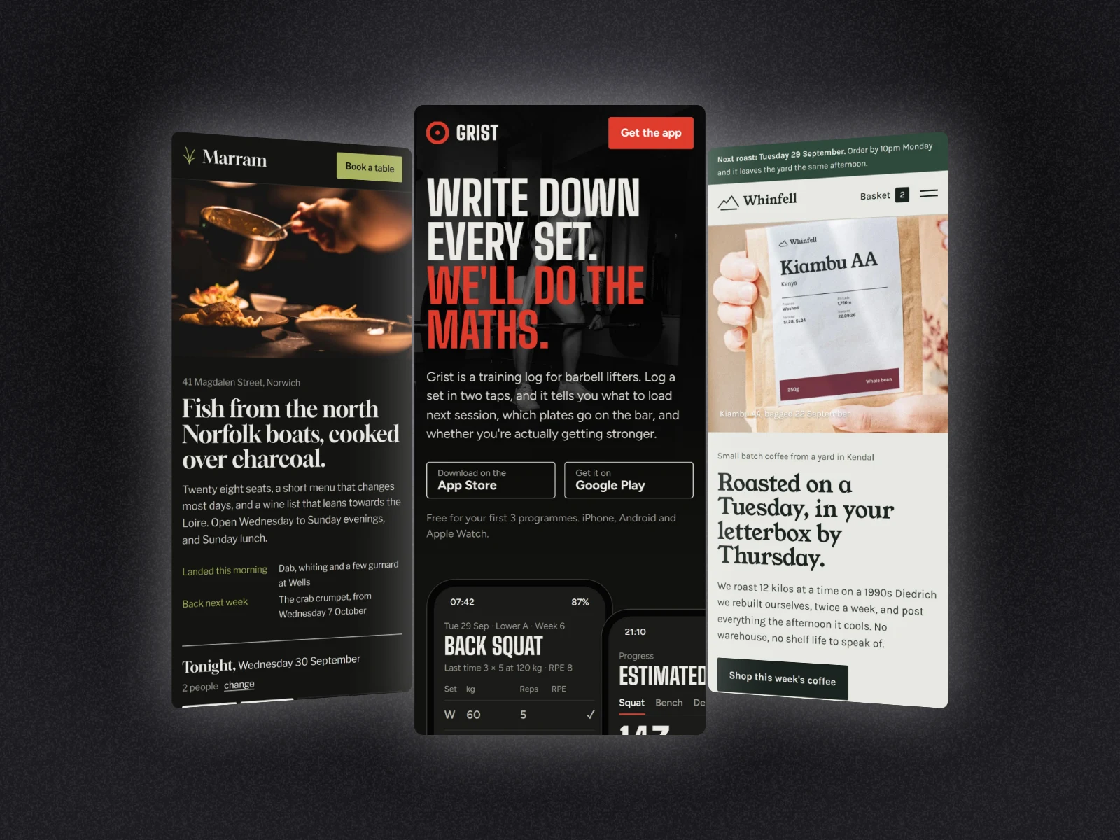Three mobile screenshots, Marram, Grist and Whinfell, standing in a row with the outer two turned in, on black with a soft glow
