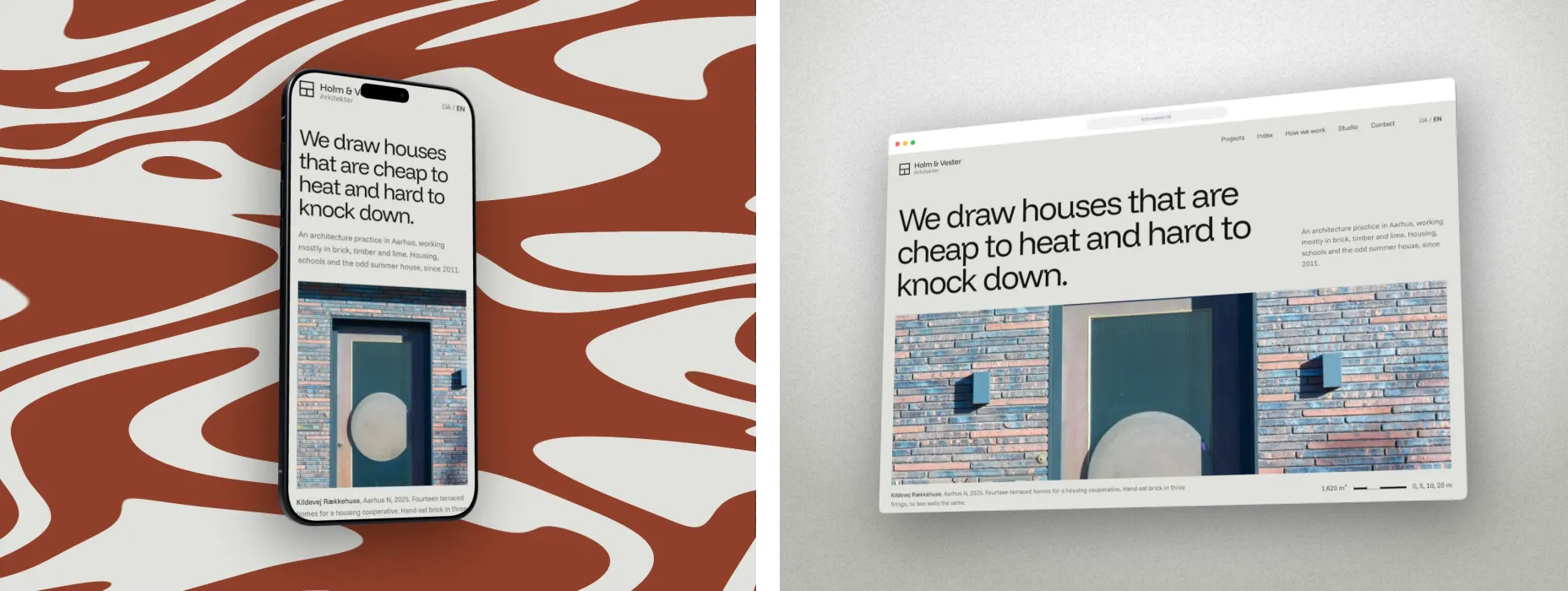 Two portfolio images side by side: a Behance cover at 808 by 632 proportions with the Holm and Vester site on a 3D iPhone Air on a rust Flow backdrop, and a 4:3 shot of the same site in a 3D browser on pale studio light