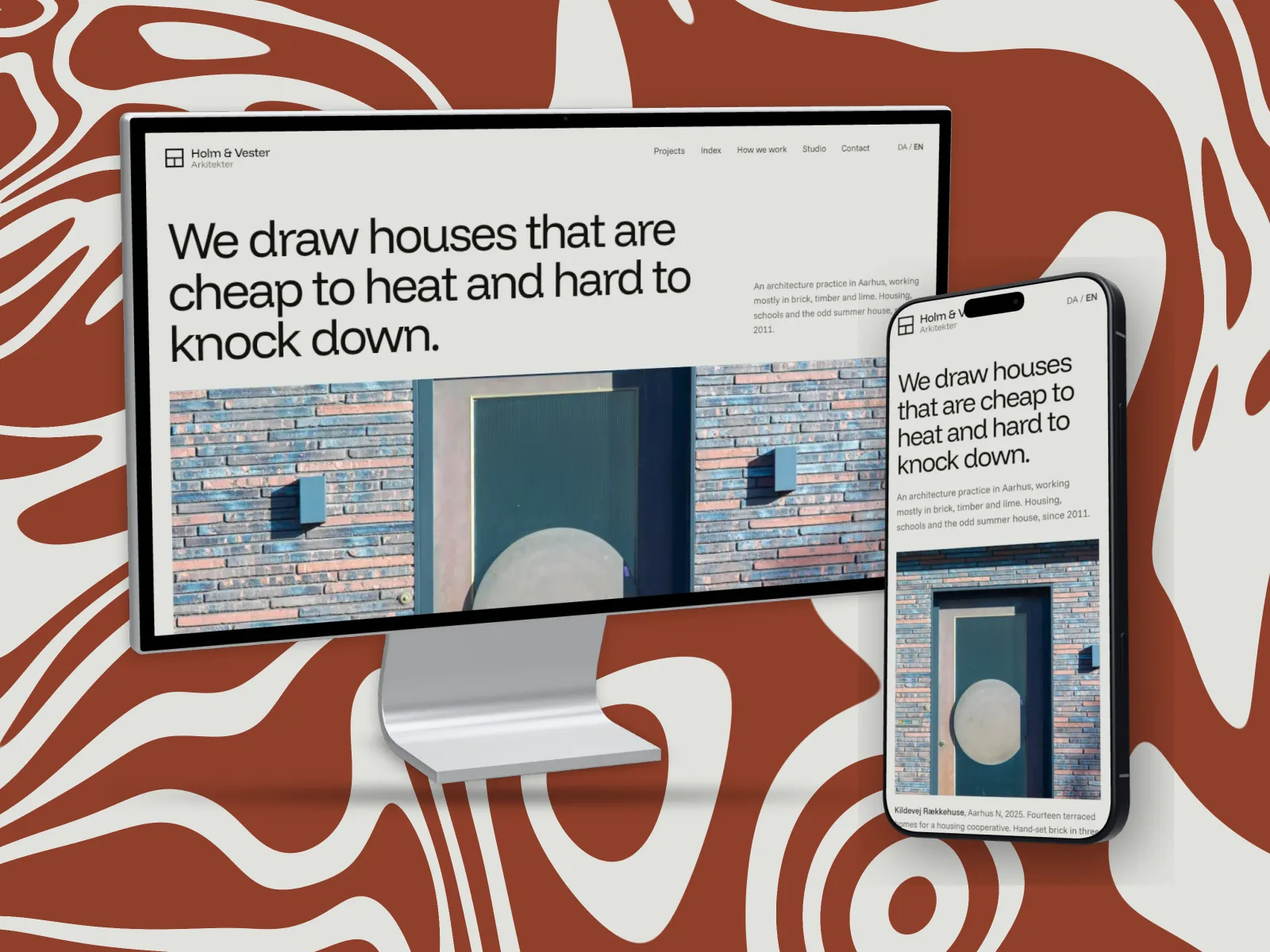 A 1600 by 1200 Dribbble shot: the Holm and Vester architects' homepage on a 3D Studio Display and its phone layout on a 3D iPhone 18 Pro, on a rust and pale grey Marble backdrop