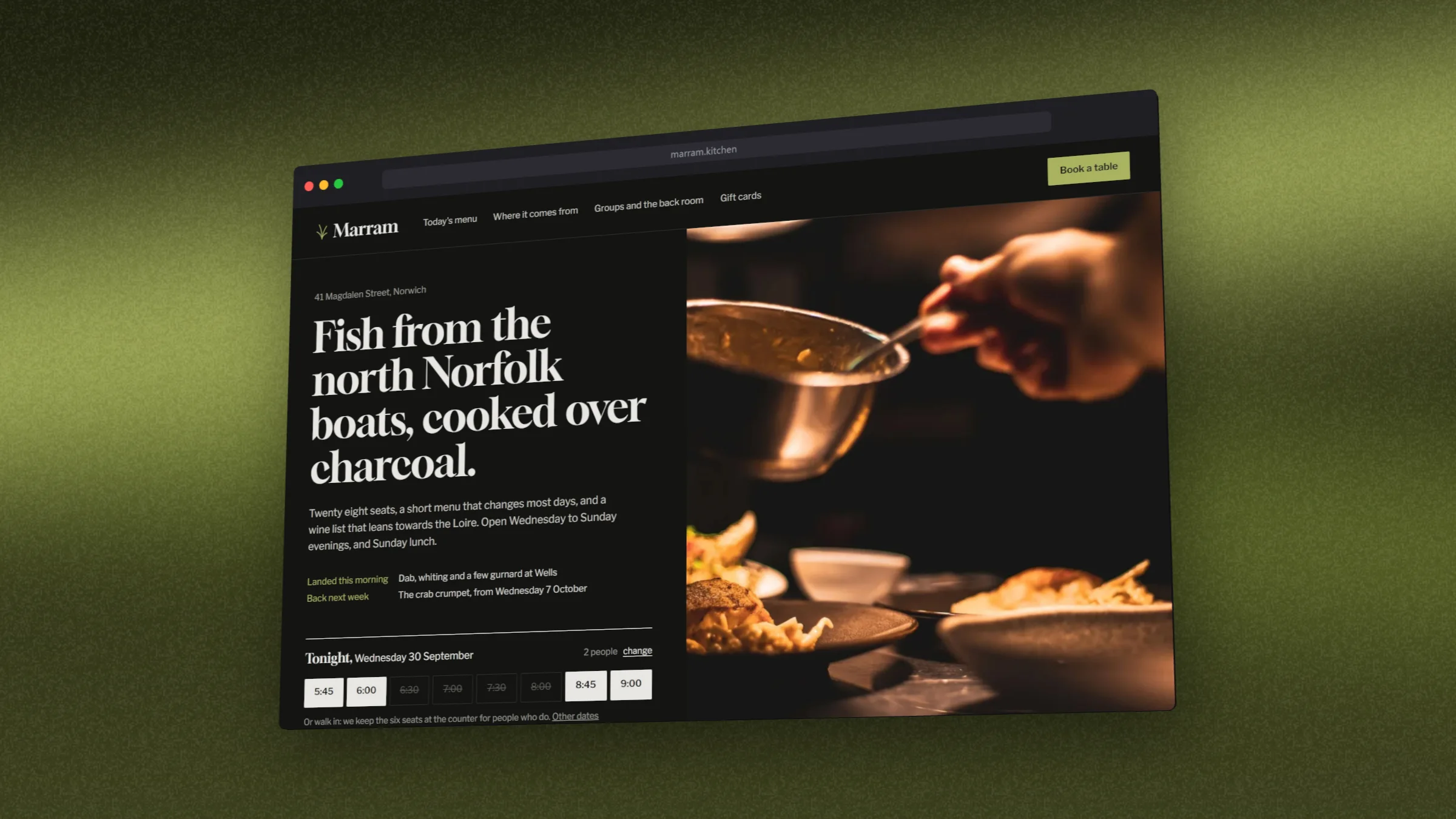 A 16:9 hero image: the Marram restaurant site in a 3D dark Safari window, turned slightly, on a dark olive Aurora backdrop with grain