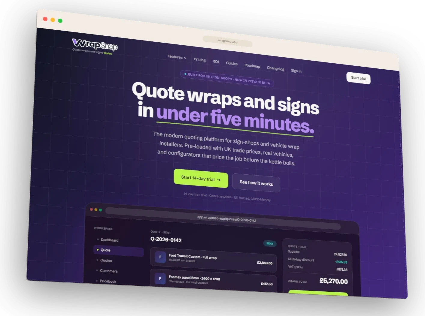 A transparent cut-out of the WrapSnap homepage in a 3D Arc browser window, turned and tilted, with a soft shadow