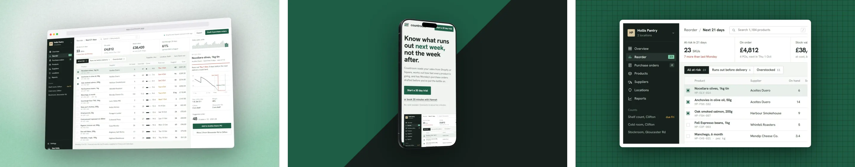 Three 1270 by 760 gallery images in a row: the Countroom app in a 3D Safari window on mint studio light, the homepage on a 3D iPhone on a green and black split, and a close crop of the stock table on dark green grid paper