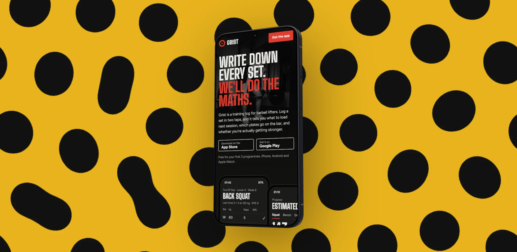 A feature graphic layout: the Grist training app on a 3D Pixel 11, centred on a yellow and black Spots backdrop
