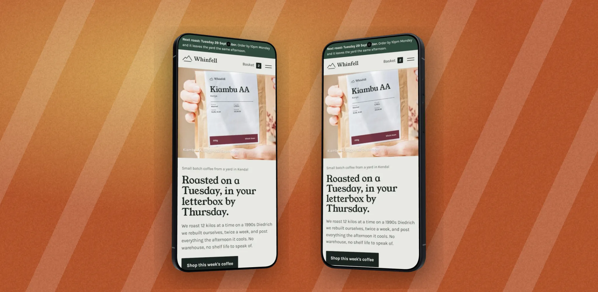 A feature graphic layout: Whinfell's coffee shop on a 3D Galaxy S26 Ultra and a 3D Pixel 11, side by side in the middle of a warm orange Window light backdrop