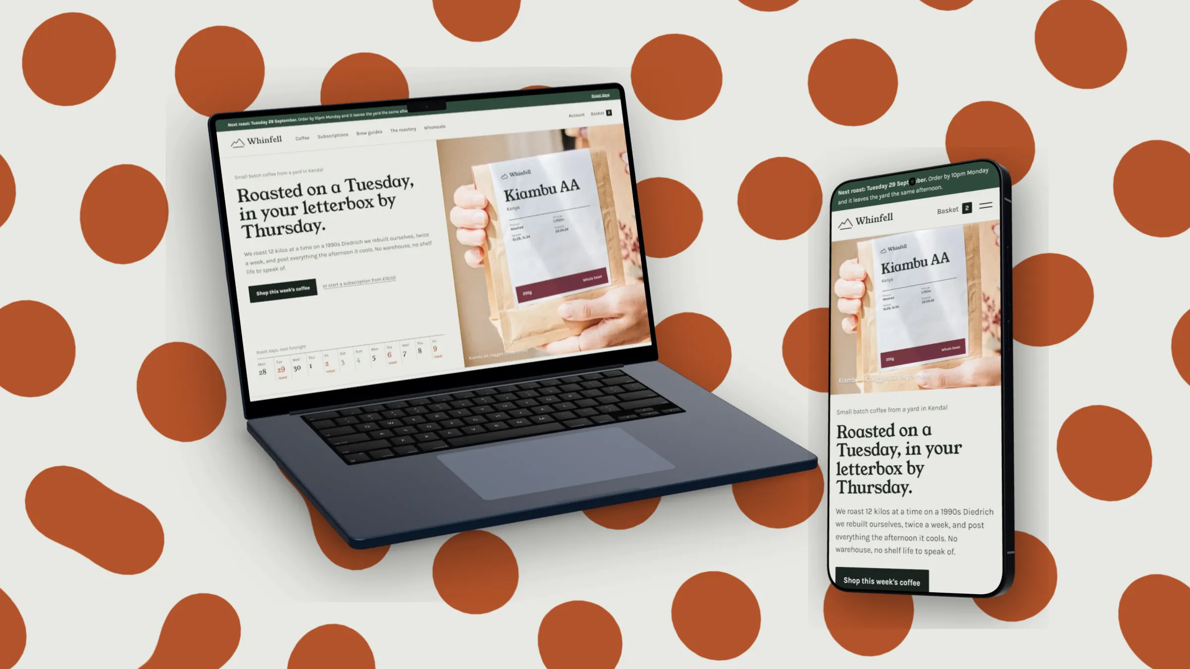 The classic responsive pair: Whinfell's coffee shop on a 3D MacBook Air 15 in midnight and its phone layout on a 3D Galaxy S26 Ultra, on a pale Spots backdrop in the shop's orange