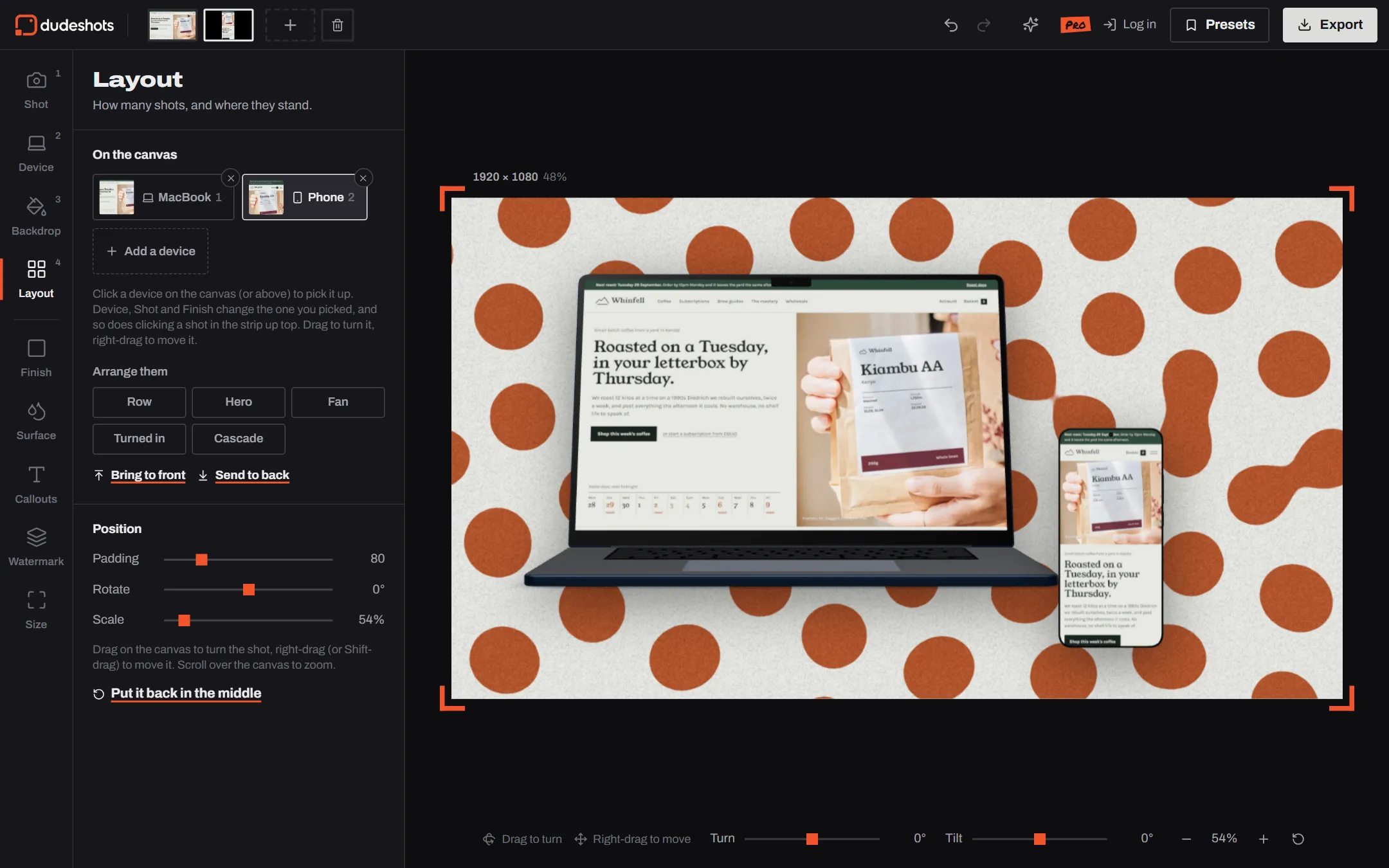The DudeShots studio with the Layout panel open: On the canvas lists a MacBook and a Phone, with Add a device below and the Arrange them buttons Row, Hero, Fan, Turned in and Cascade; the canvas shows Whinfell's site on a MacBook with the phone layout on a phone in front