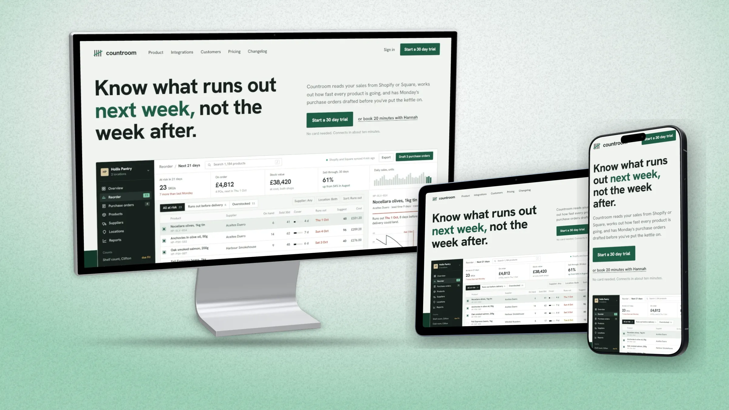 A responsive mockup: the Countroom website on a 3D Studio Display, a 3D iPad Air in landscape and a 3D iPhone 18 Pro, on pale mint studio light