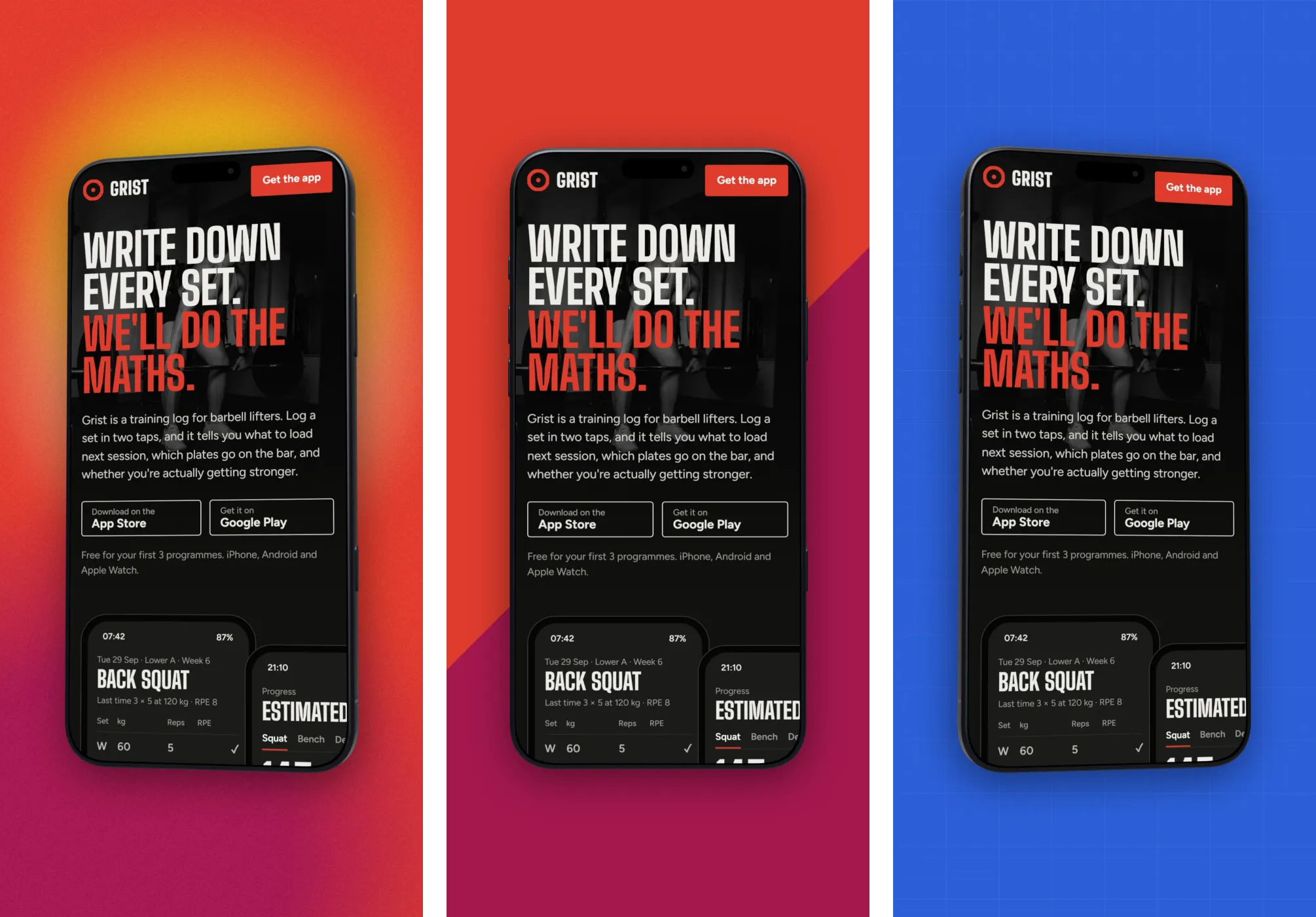 Three iPhone App Store screenshots at 1290 by 2796 for the Grist workout app: a 3D iPhone 18 Pro Max on red and yellow lava, on a red and black split, and on a blue blueprint grid