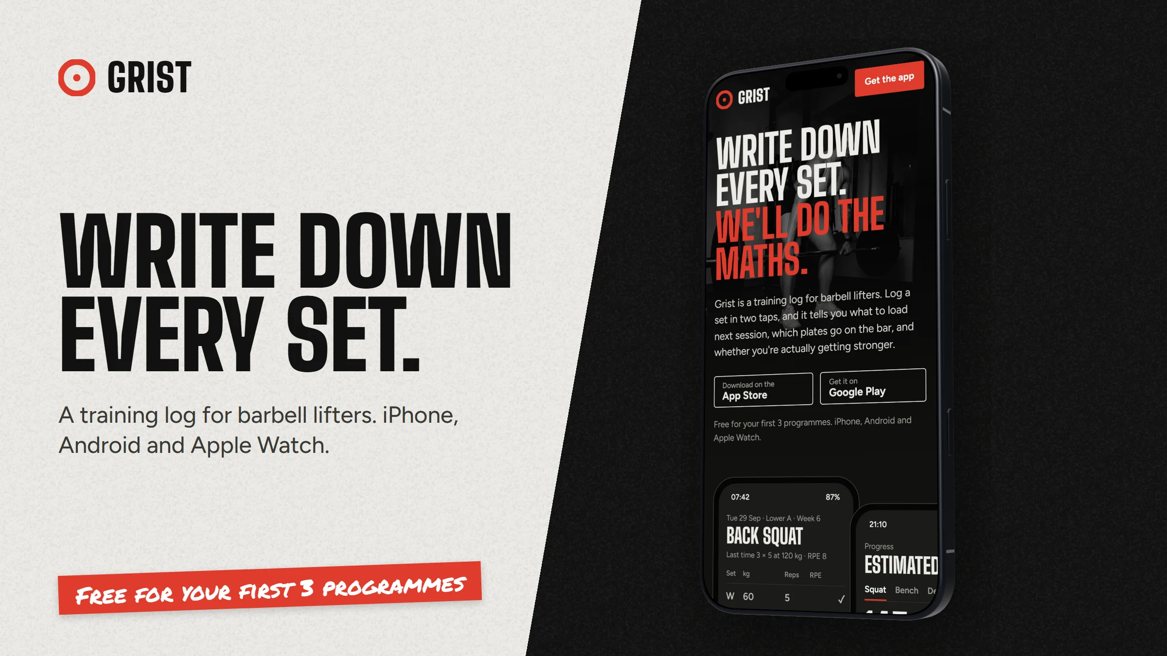 A 16:9 image with the Grist logo and the headline Write down every set on a chalk white half, a short line under it, a red tape label in the bottom left, and the app on a 3D iPhone 18 Pro on the black half