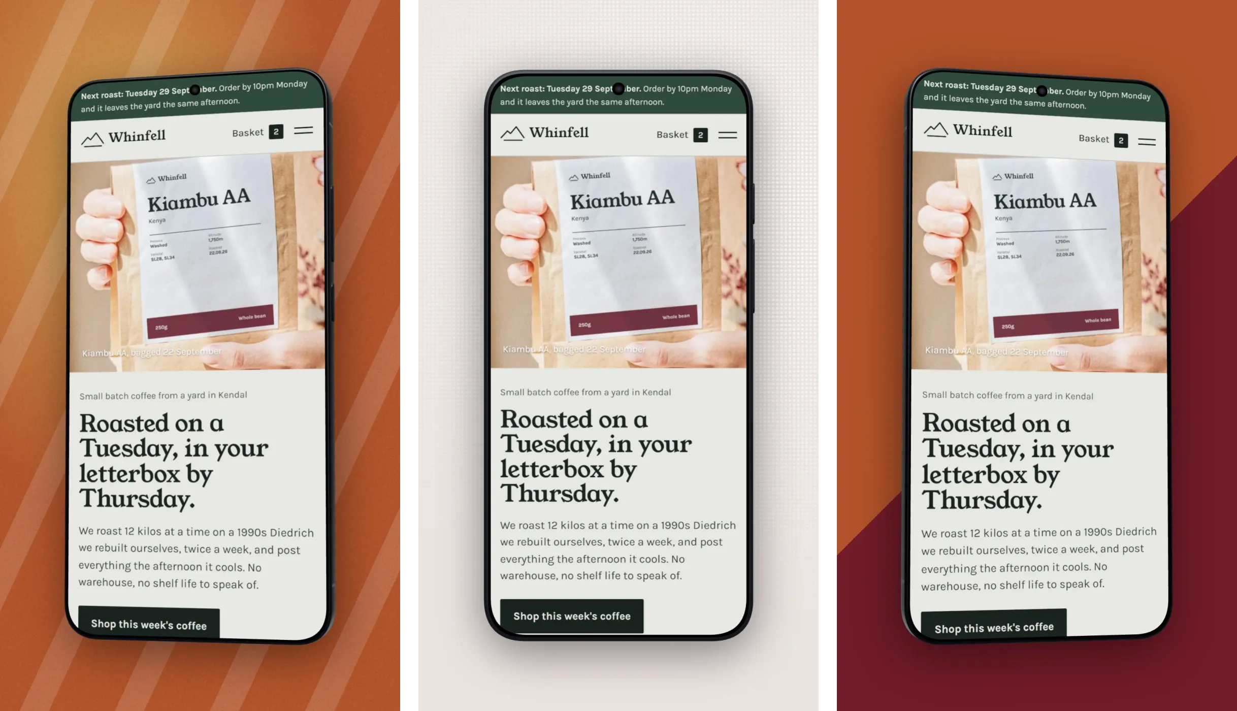 Three Google Play screenshots at 1080 by 1920 for the Whinfell coffee shop: a 3D Galaxy S26 Ultra in window light, a Pixel 11 on halftone dots and a Galaxy S26 on a green and black split