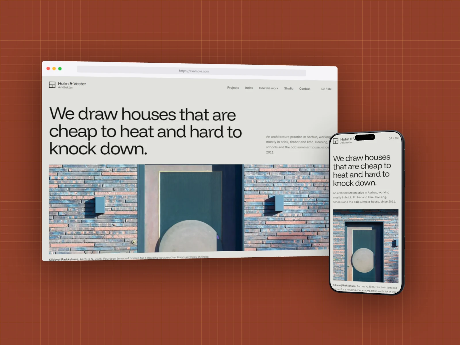The Holm & Vester architects' site in a browser window with the phone layout on a phone in front, on a rust blueprint grid