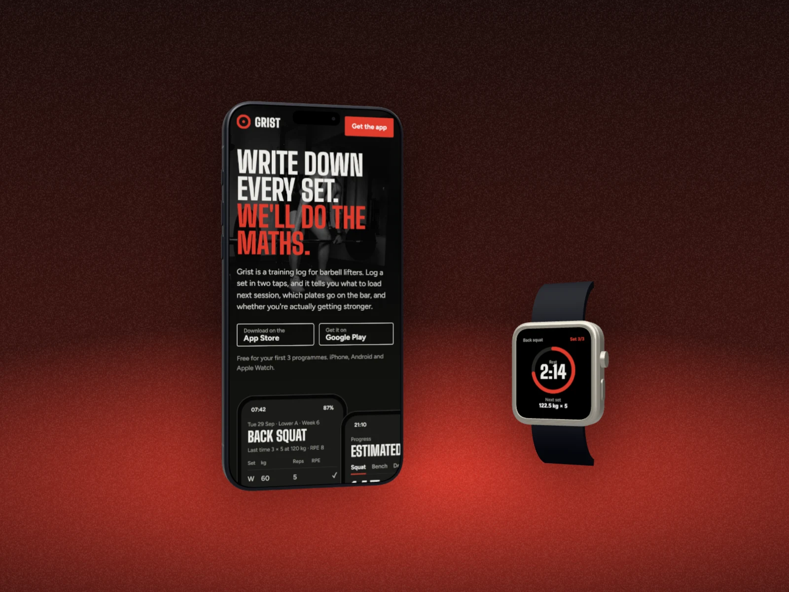 The Grist training app on a 3D iPhone with an Apple Watch beside it showing a rest timer, on a deep red horizon backdrop