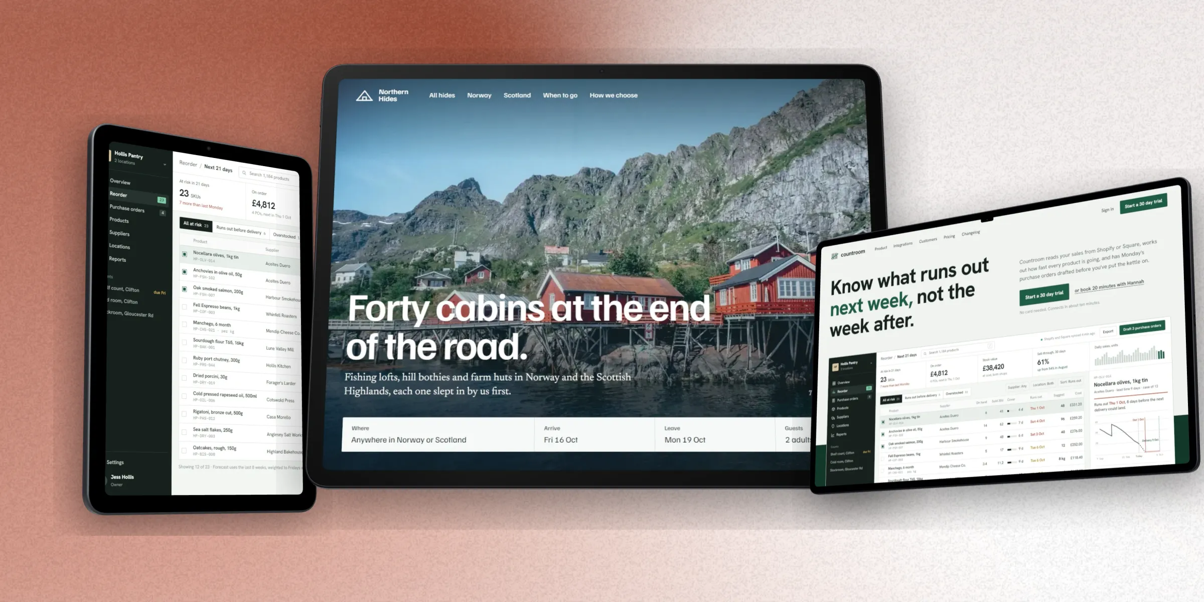 Three 3D tablets on a soft red and grey blend: the Countroom app on an iPad mini in portrait, Northern Hides on an iPad Pro 13 in landscape and the Countroom homepage on a Galaxy Tab S11 Ultra