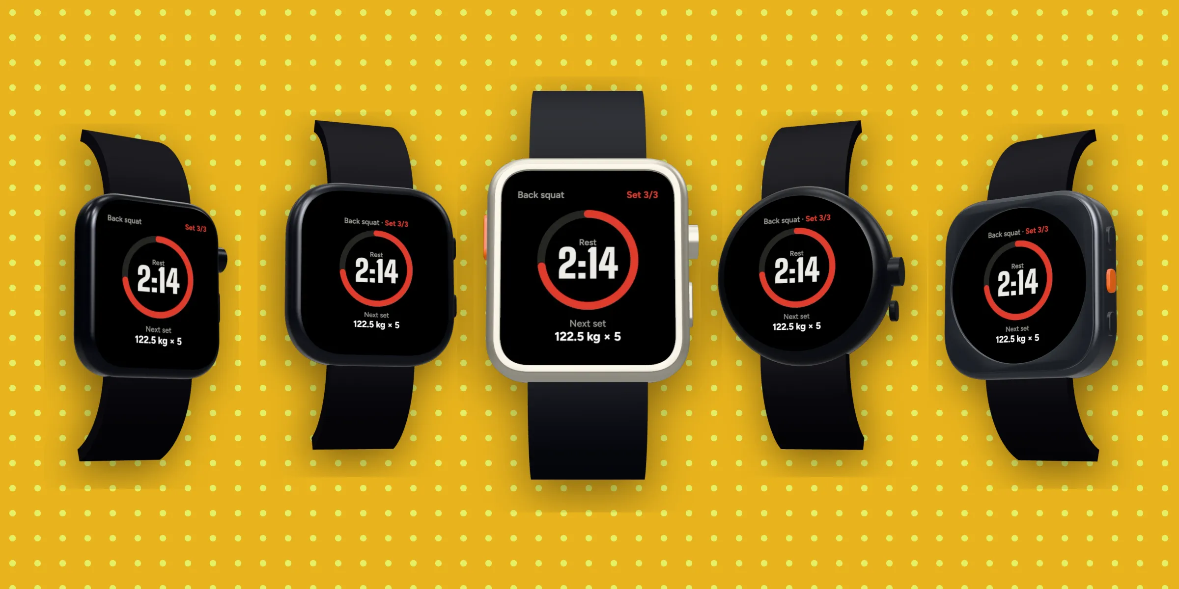 Five 3D smartwatches in a row on yellow dots, each showing the Grist rest timer: Apple Watch Series 12, Galaxy Watch 9, Apple Watch Ultra 4, Pixel Watch 5 and Galaxy Watch Ultra 2
