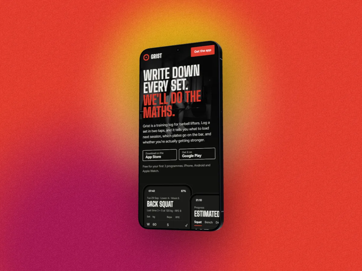 The Grist app on a 3D Galaxy S26 Ultra on a red and yellow lava backdrop