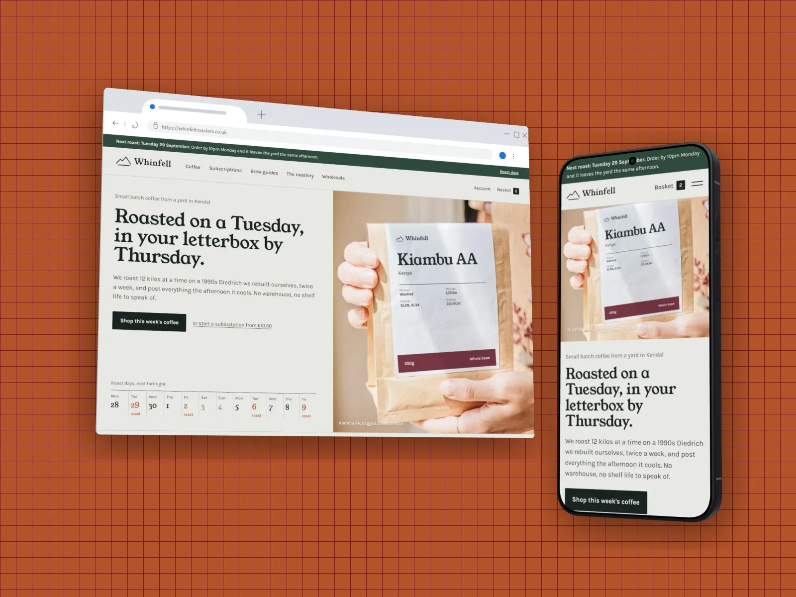 whinfellroasters.co.uk captured twice: at desktop size in a 3D Chrome window and at phone size on a 3D Pixel 11, on rust orange grid paper
