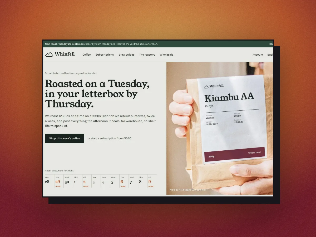 The Whinfell Roasters homepage with no device, finished with the Retro edge, a hard black offset, on rust orange paper