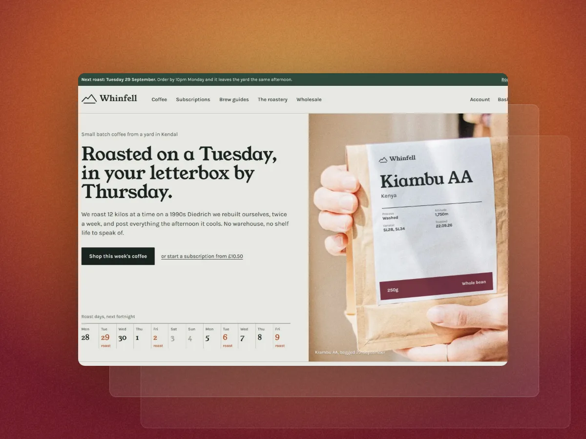 The screenshot with two cards stacked behind it on rust orange paper