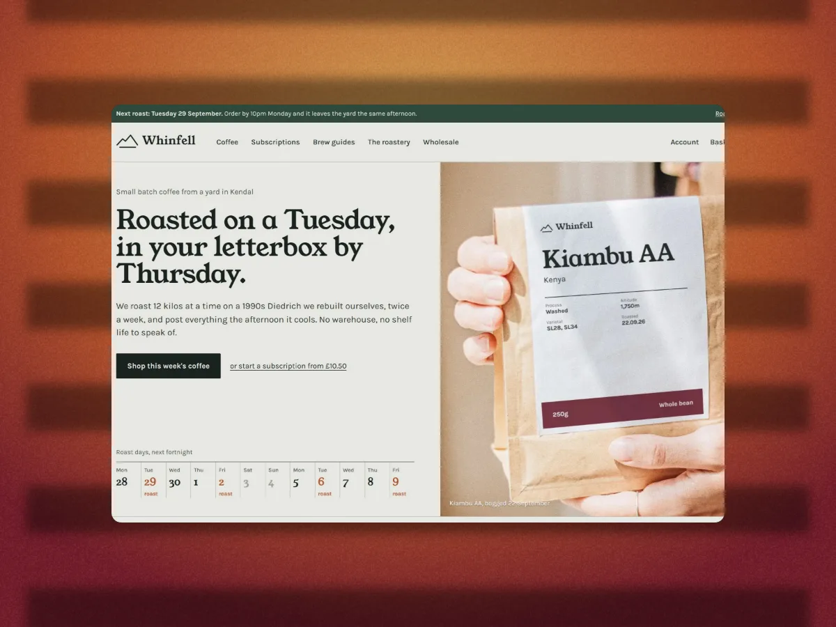 The Whinfell Roasters homepage with no device on rust orange paper, with a blinds shadow cast on the paper behind it