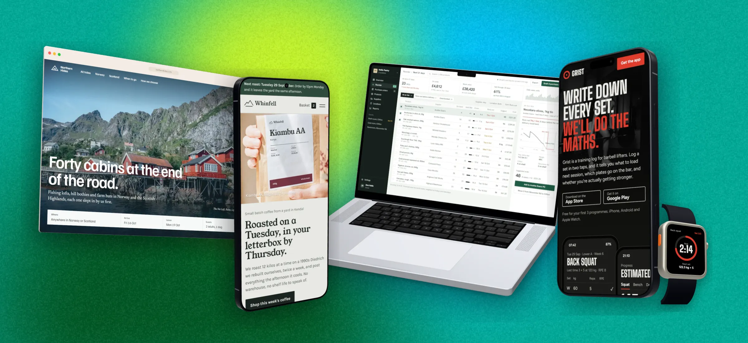 Five 3D devices at once: Northern Hides in an Arc browser window, Whinfell Roasters on a Galaxy S26 Ultra, the Countroom stock app on a MacBook Pro 16, and Grist on an iPhone 18 Pro and an Apple Watch Ultra 4, on a teal and lime blend