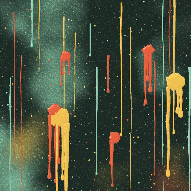 The Drip wall backdrop: orange, yellow and mint paint running down a dark green wall