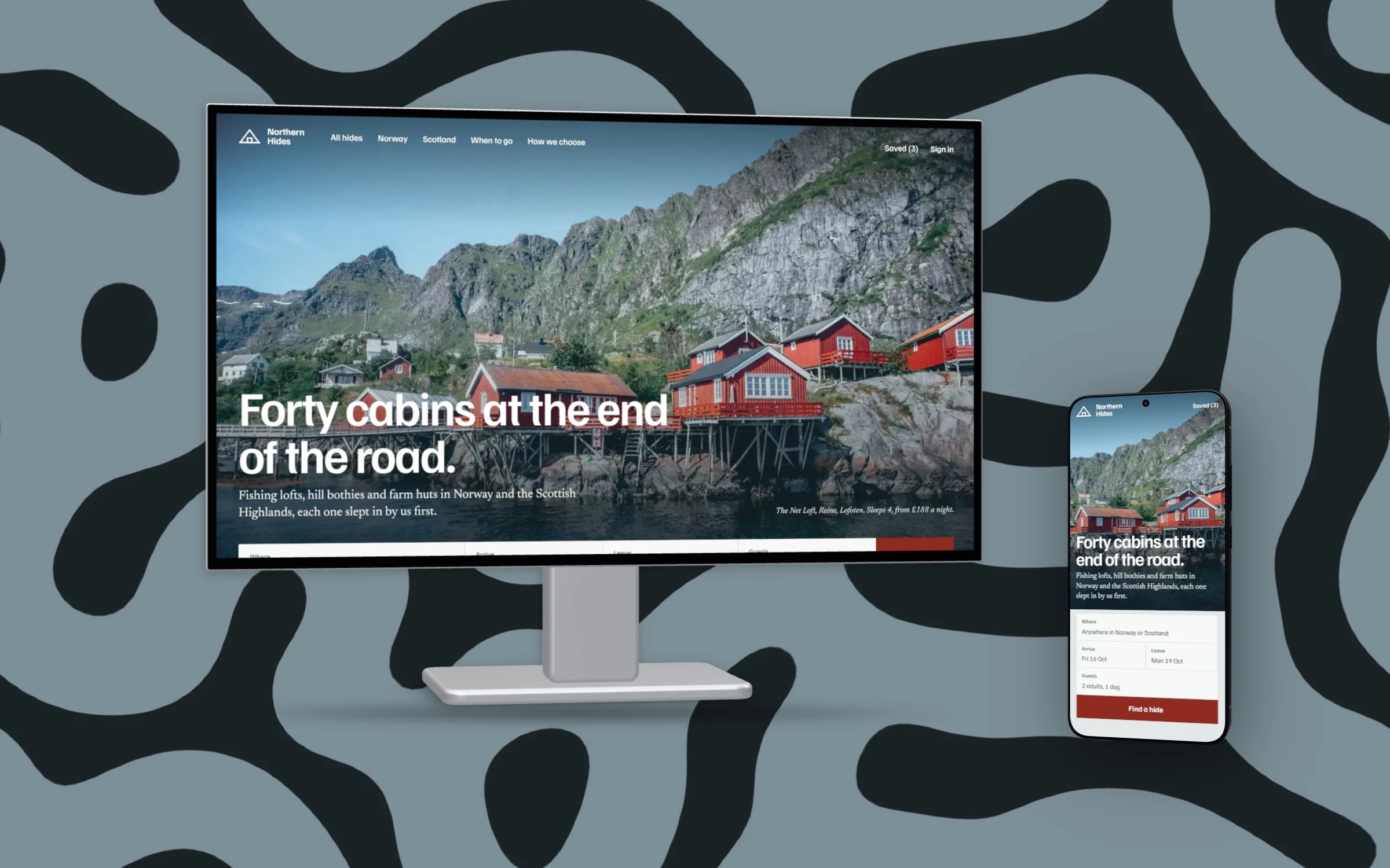 The Northern Hides website on a 3D desk monitor with its phone layout on a Galaxy phone beside it, on a slate and ink coral backdrop