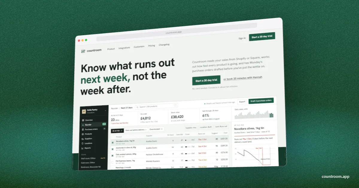 3D Safari window with the Countroom homepage on a green and mint horizon, laid out at 1200 by 630 pixels