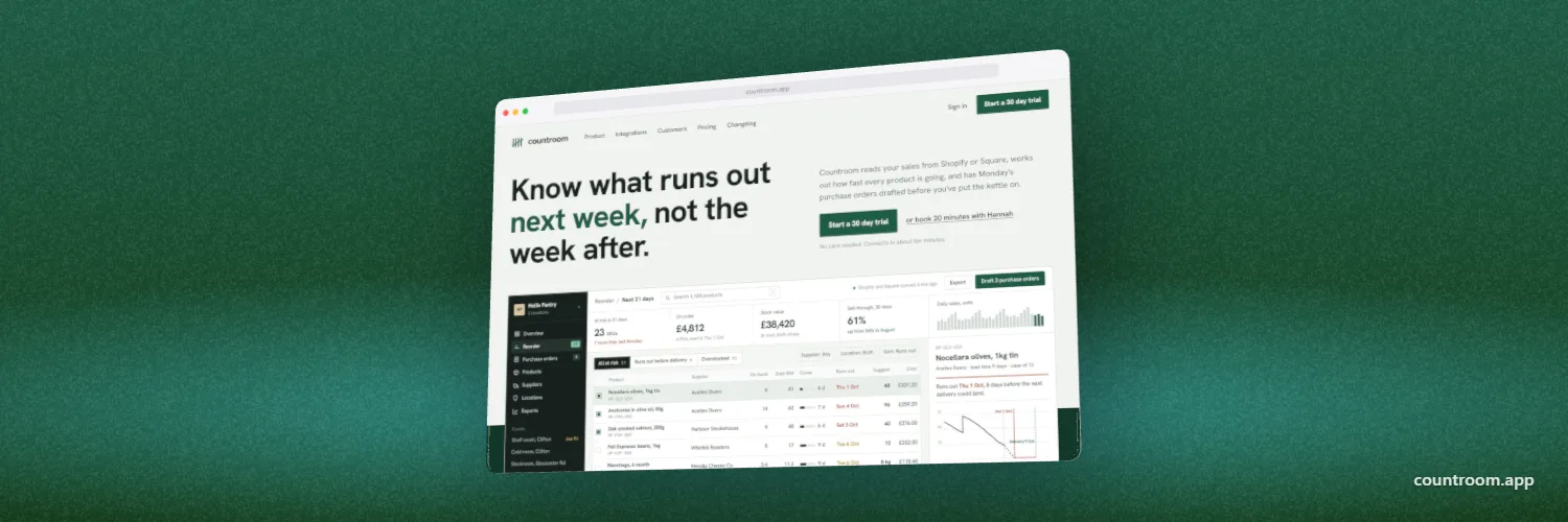 A 1500 by 500 X header: the same Countroom app in a tilted 3D Safari window, right of centre on a dark green backdrop, with countroom.app bottom right