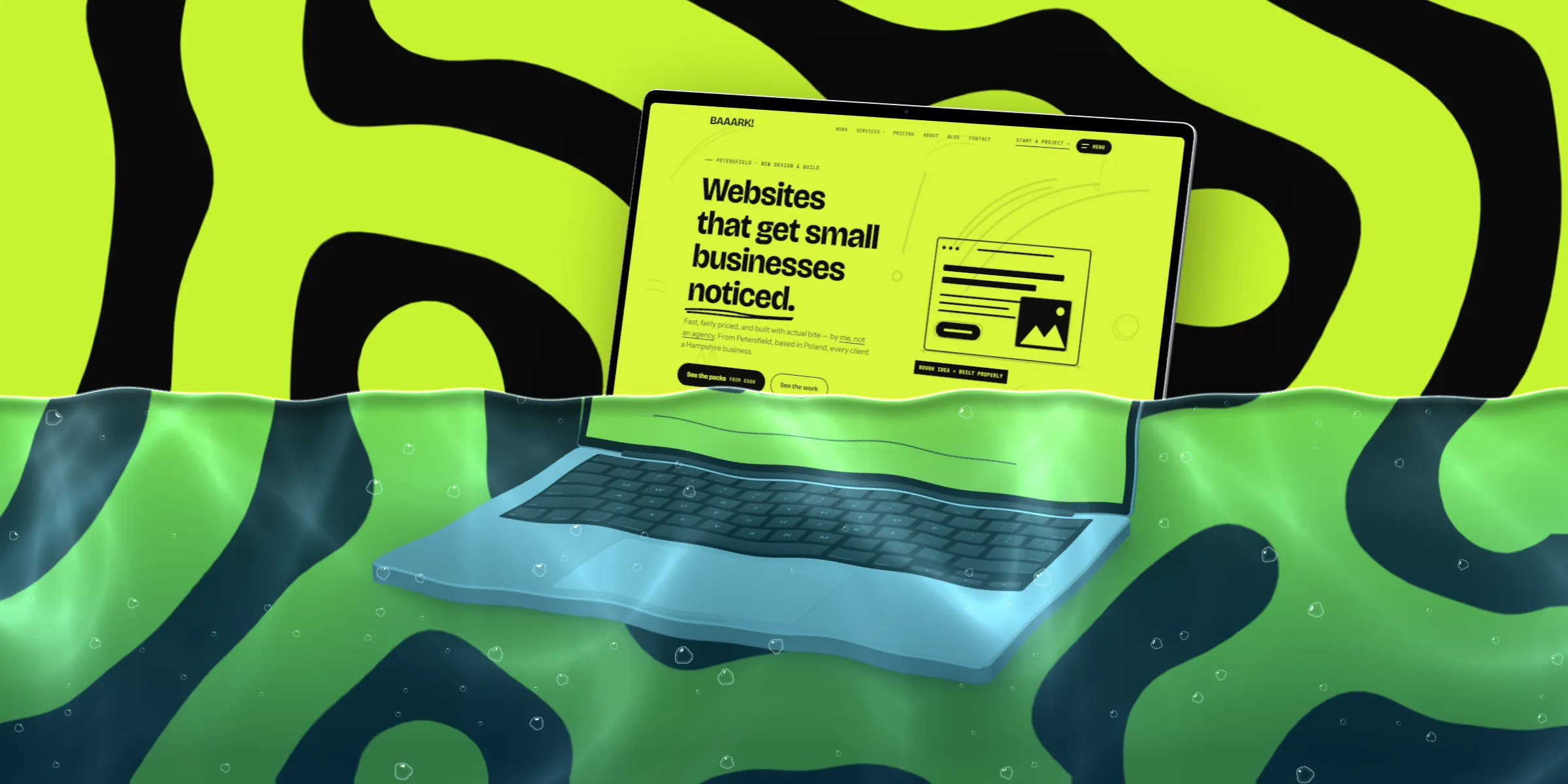 A device mockup with a waterline across it
