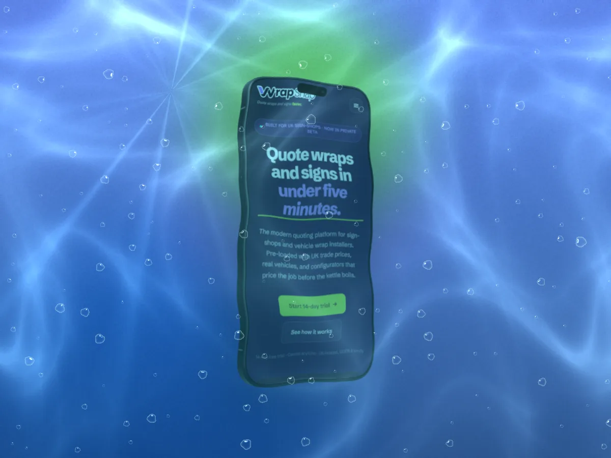 WrapSnap on a 3D iPhone 18 Pro Max, fully under water: rippling light, teal depth and bubbles rising