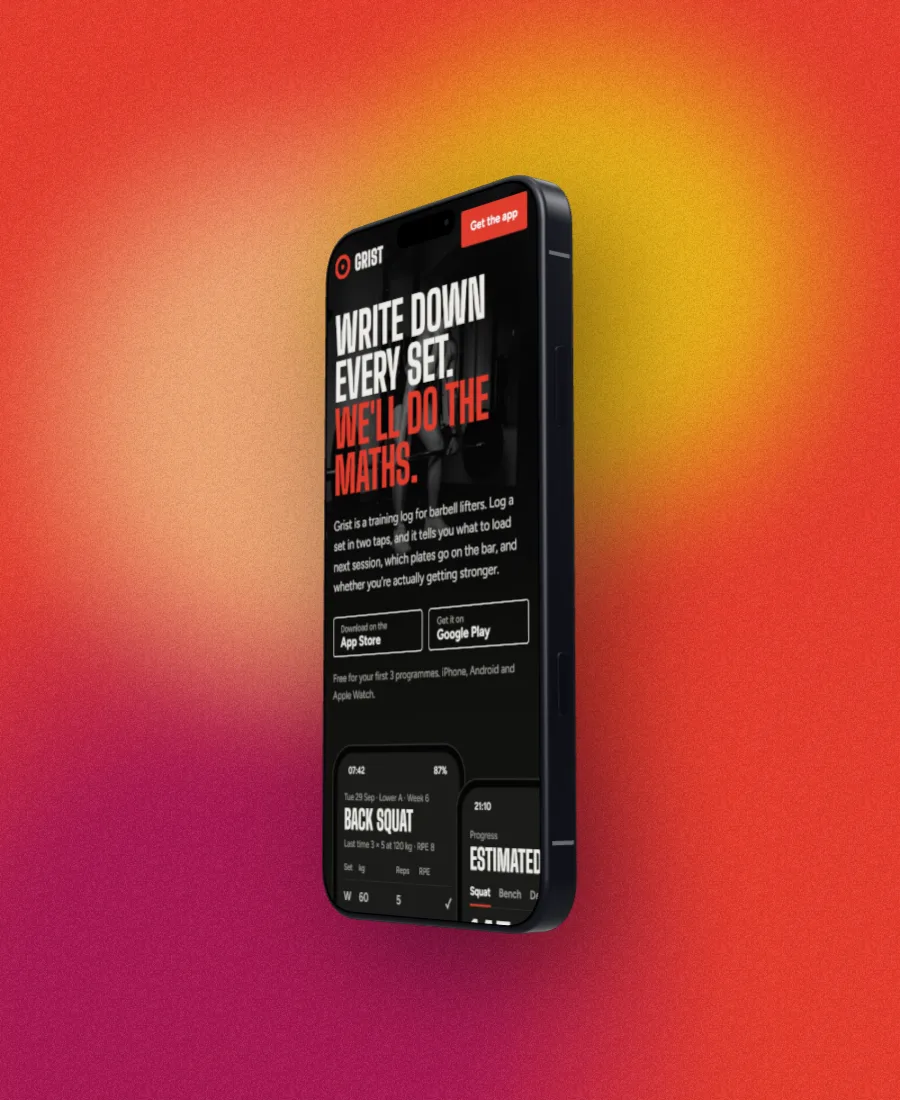 A 3D iPhone 18 Pro showing the Grist app, turned 50 degrees to the left to show its side buttons, on a red and yellow lava backdrop