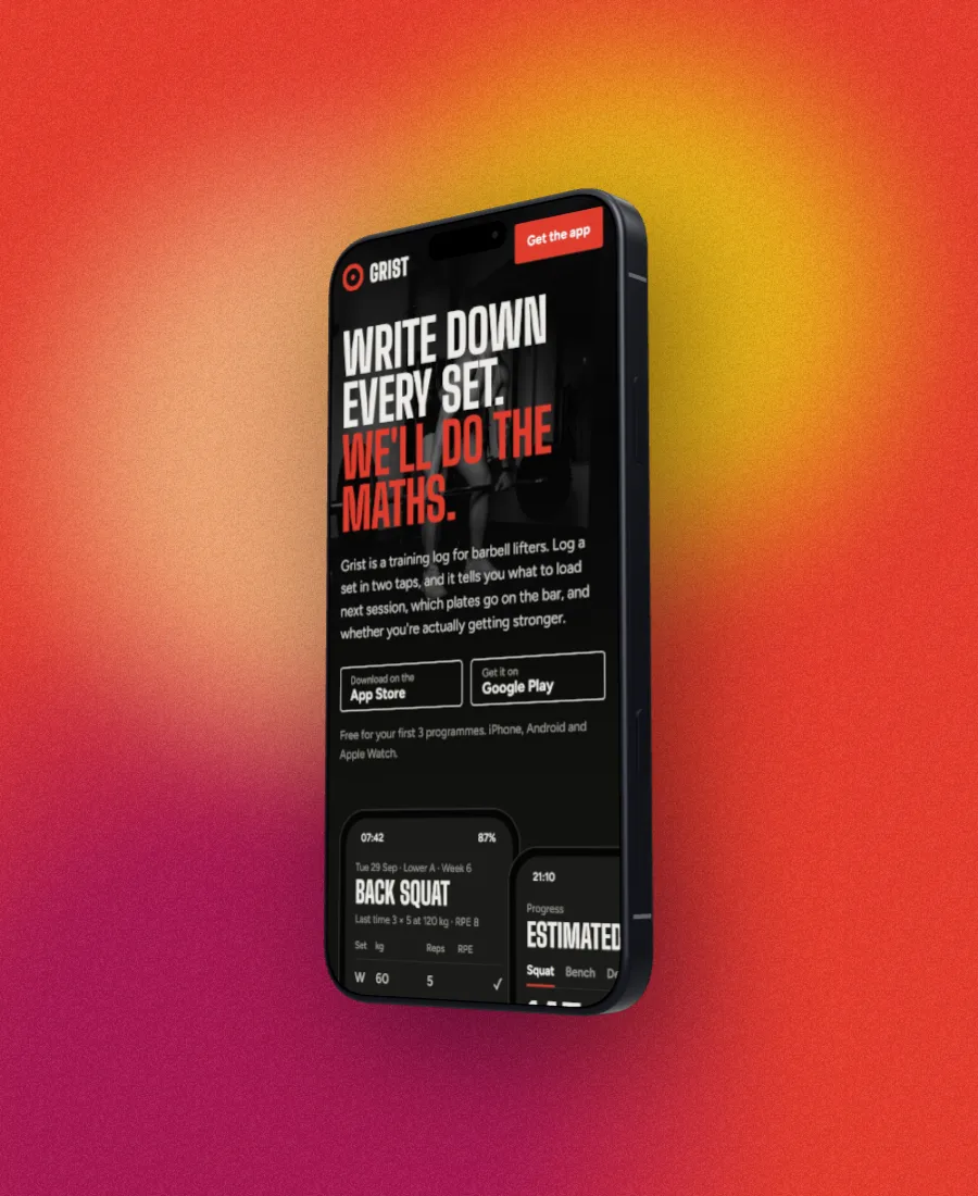 iPhone 18 Pro, 3D model, turned -38 degrees, showing the Grist app on a red and yellow lava backdrop