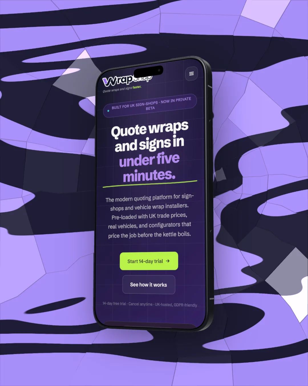 WrapSnap on a 3D iPhone 18 Pro in front of a violet Liquid Flow backdrop cracked like broken glass