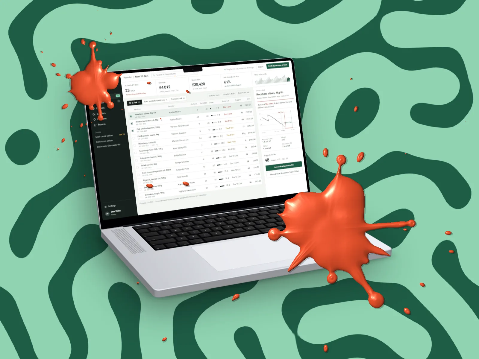 The Countroom stock app on a 3D MacBook Pro 16, hit by a splat of orange paint that runs across the screen and the green coral backdrop
