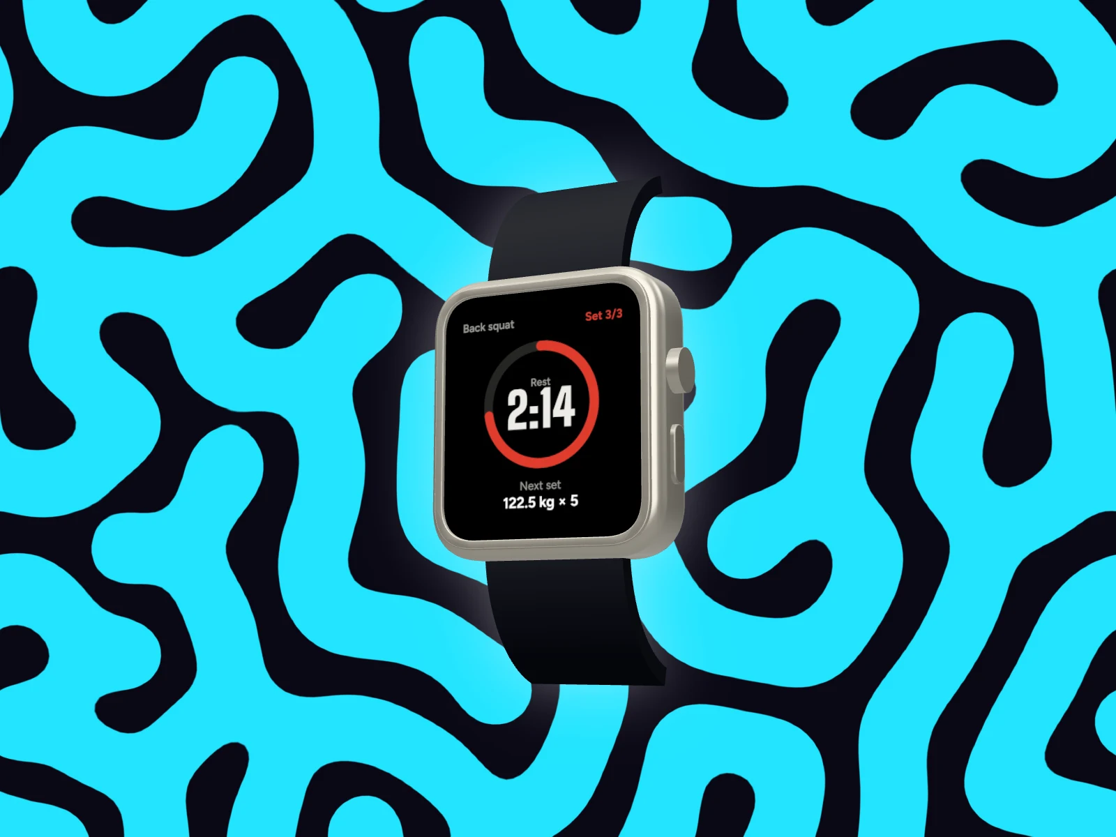 The Grist workout timer on a 3D Apple Watch Ultra 4 on a cyan coral pattern over black