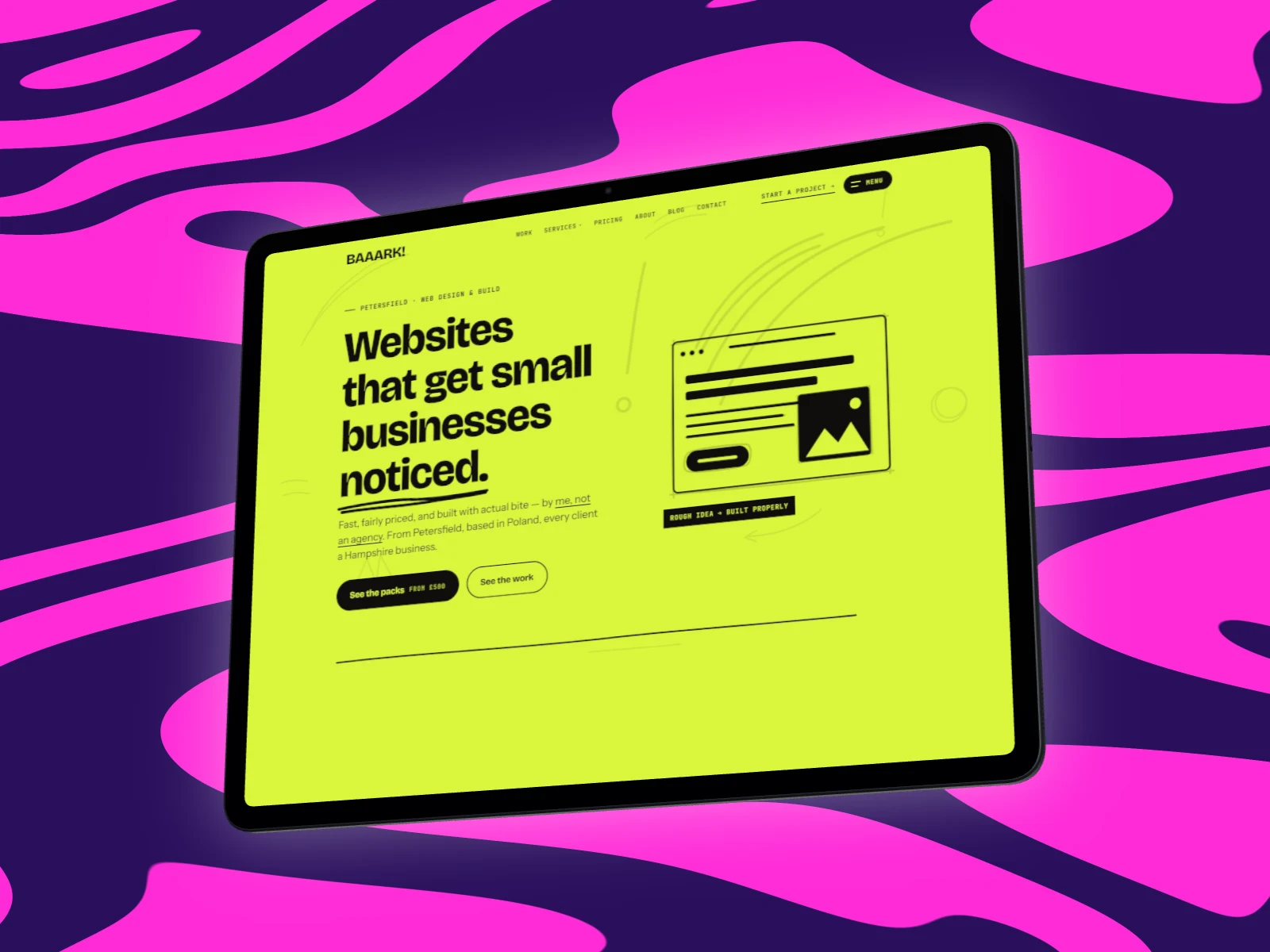 The Baaark site on a 3D iPad Pro on hot pink poured flow shapes over deep violet, with a glow underneath