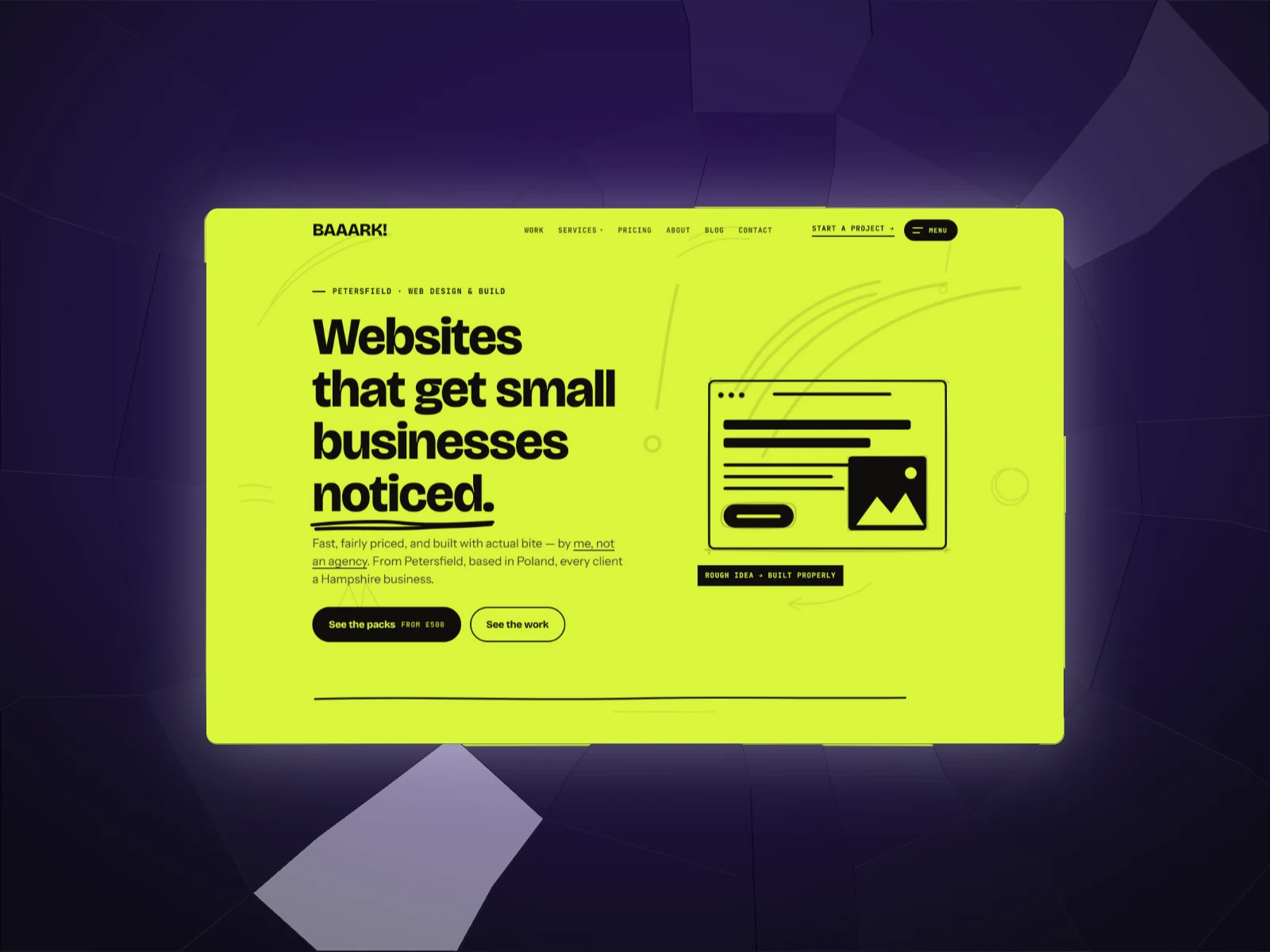 The Baaark homepage glowing lime in front of a violet backdrop cracked like broken glass