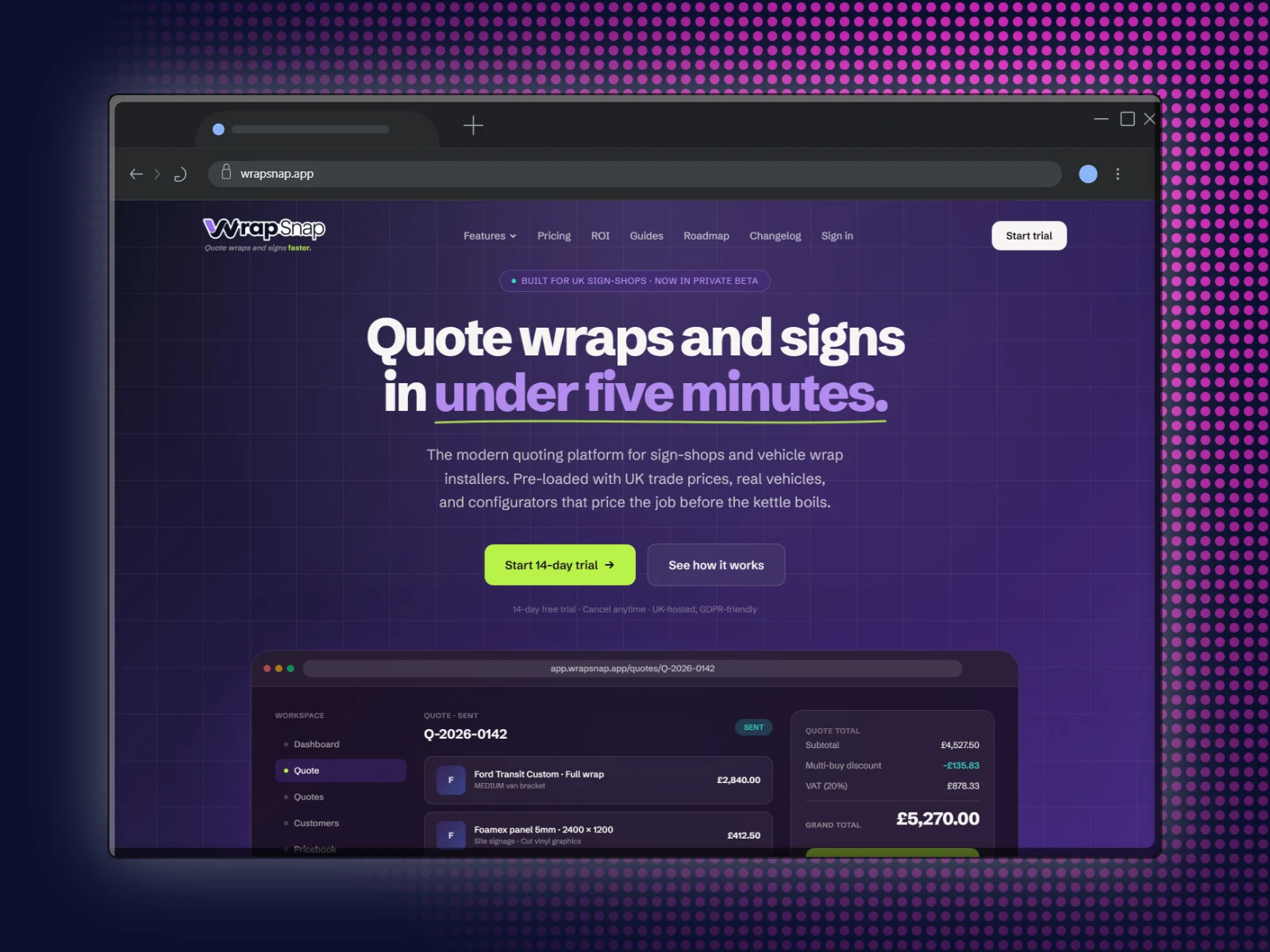 The WrapSnap homepage in a dark Chrome window on navy with pink halftone dots coming in from the corner
