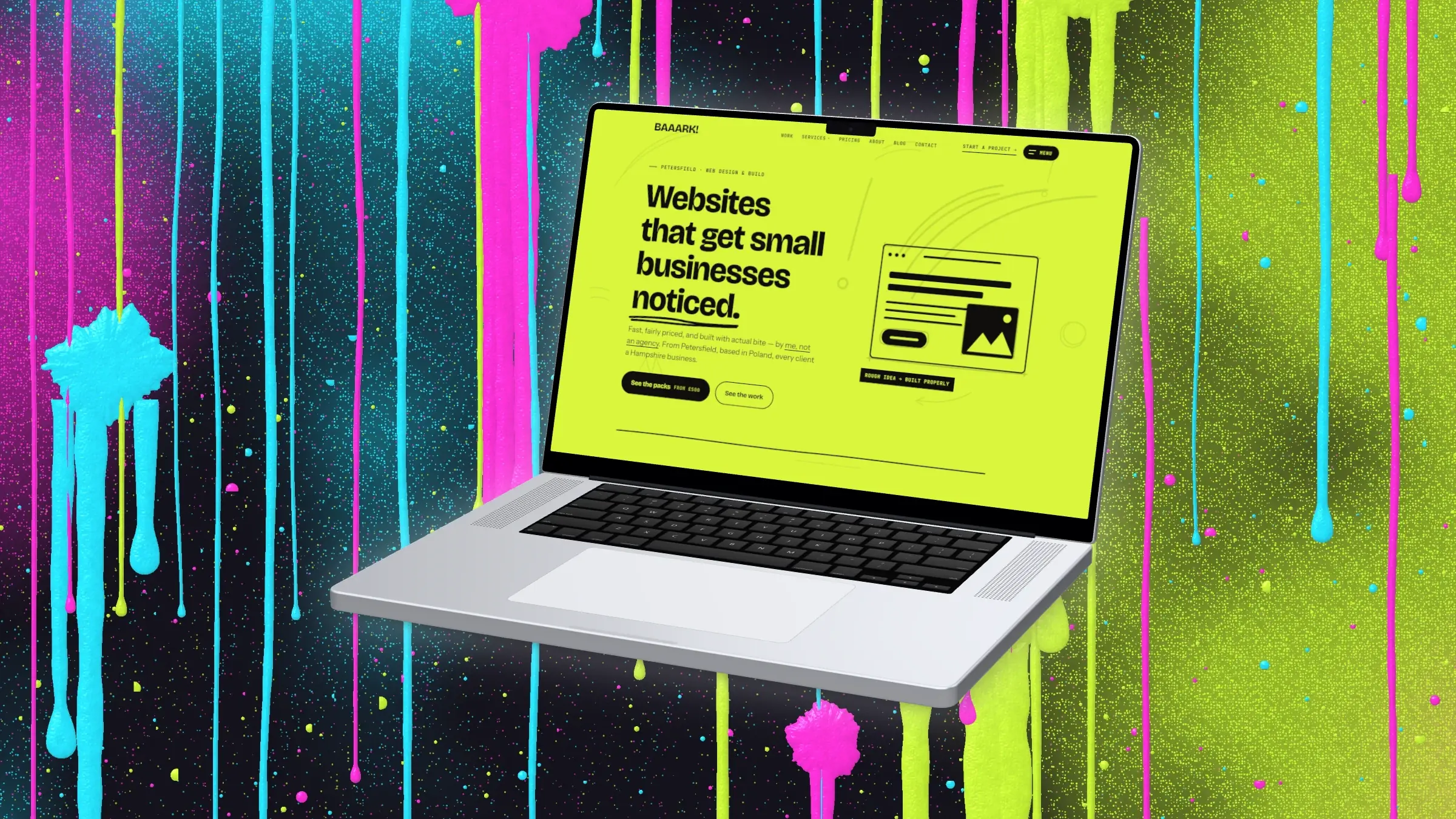 The Baaark homepage on a 3D MacBook Pro in front of a black wall with spray clouds and runs of pink, lime and cyan paint