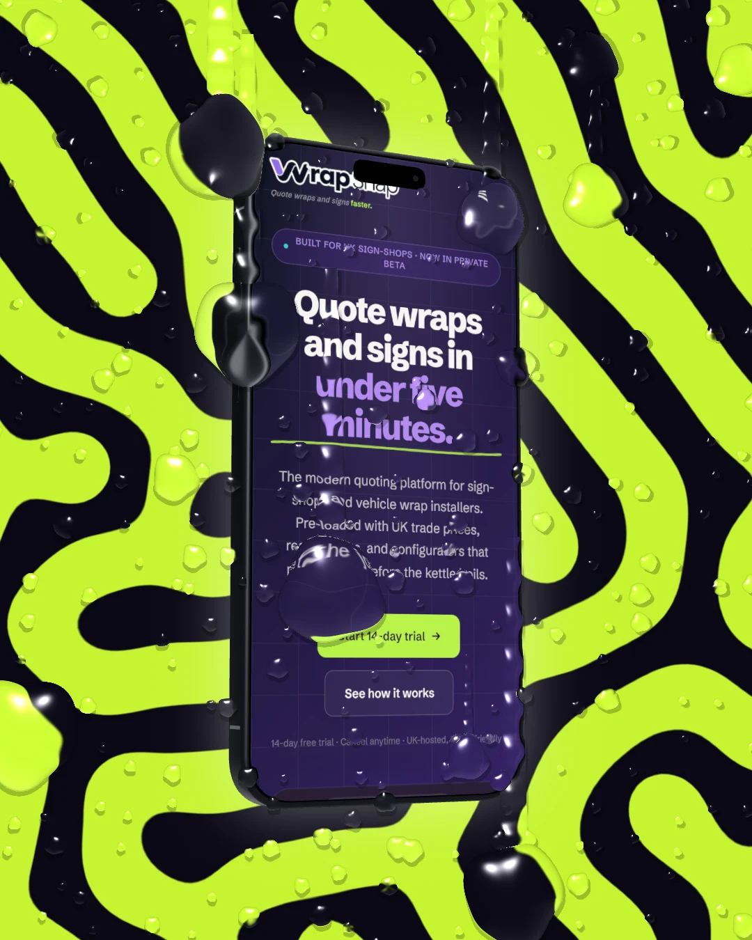 The WrapSnap app on a 3D iPhone 18 Pro on a lime and black maze, with raindrops on the phone and the backdrop